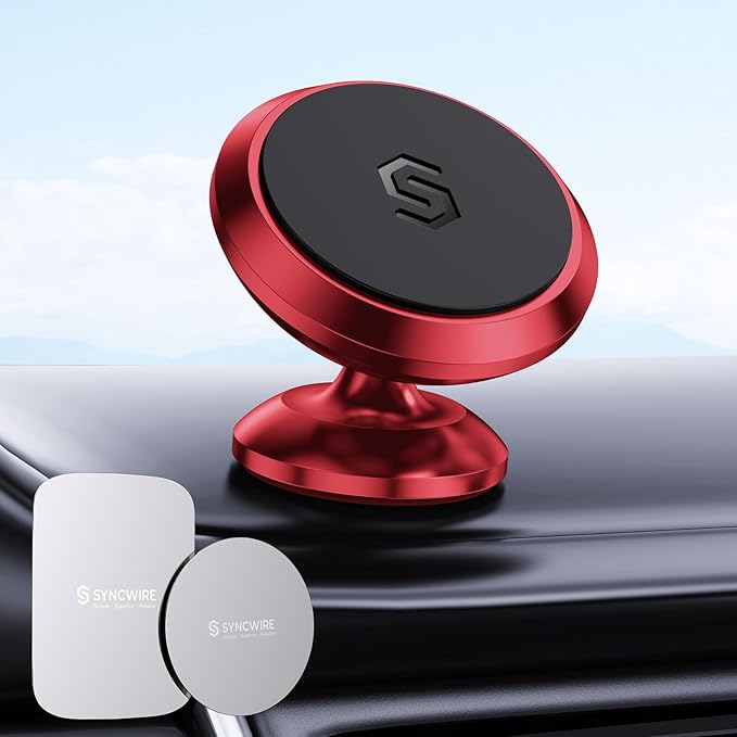 SYNCWIRE Magnetic Car Phone Holder for Dashboard, 360° Adjustable Strong Magnets Cell Phone Car Mount Compatible with iPhone, Samsung, Android - Red