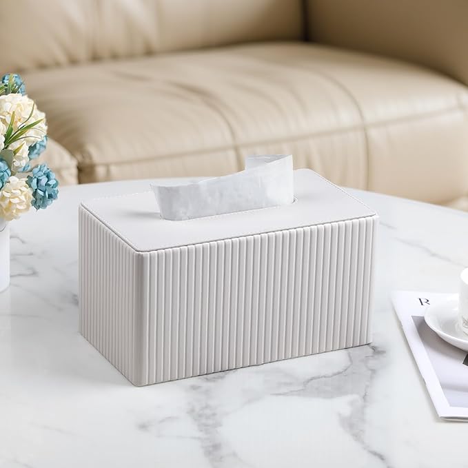Extra Large Tissue Box Cover for Standard Size 180 to 230 Count Box of Tissues, PU Leather Rectangle Tissue Holder with Magnetic Closure (Ivory)