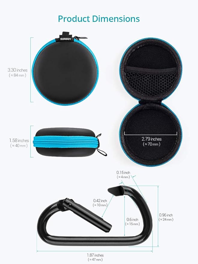 SUNGUY [2-Pack Earbuds Case, Small Round Pocket Earbud Travel Carrying Case Pouch with Carabiners for Earbuds, Headsets, in-Ear Headphones, Hearing Aids, USB Cable and More (Red + Blue)