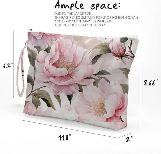 Fokongna Floral Print Wet Bag, Small Portable Waterproof Multi-Functional Organizer for Women, Ideal for Daily, Beach & Travel, Blush Pink Peony Romance