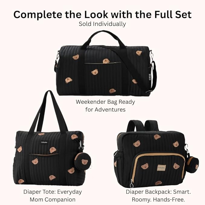 GOBABYMART Diaper Bag Backpack, Medium Maternity baby bag & Changing Pad, Insulated Pockets, Stroller Straps & Pacifier Case (Medium - Black Bears)