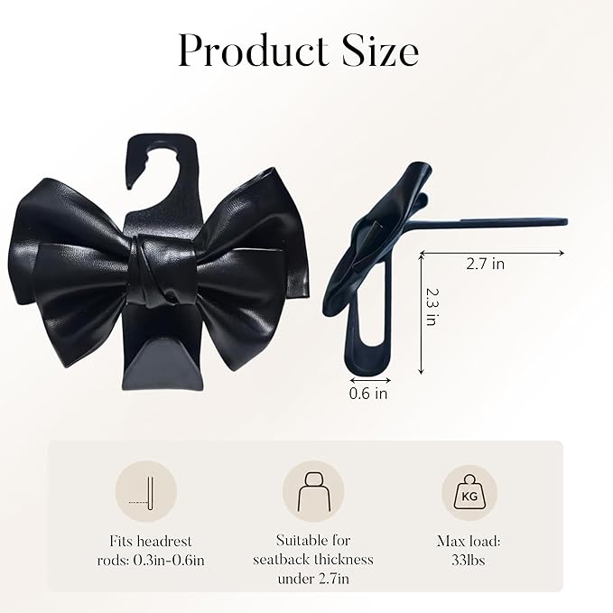 2 Pack Car Purse Hooks, Cute Bow Car Seat Headrest Hook Hanger for Purses and Bags, Space-Saving Car Accessory(black)