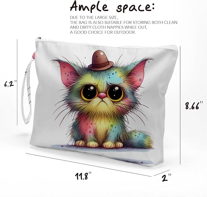 Fokongna Cute Print Wet Bag, Small Portable Waterproof Multi-Functional Organizer for Women, Rainbow Watercolor Fluffy Cat, Ideal for Daily, Beach & Travel