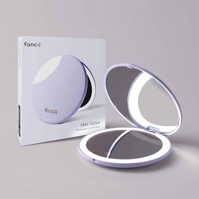 Fancii Mini Taylor Compact Magnifying Mirror with LED Light, 10x/1x, Rechargeable, 3 Light Settings, Dimmable - Small Lighted Travel Handheld Mirror for Pocket, Handbag, Purse, 2-Sided (Lilac Bliss)