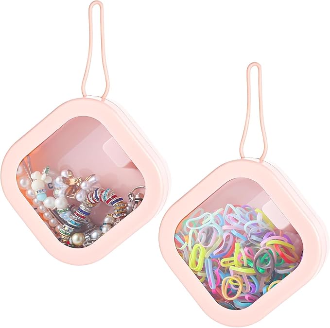 Hair Tie Organizer,Portable Travel Qtip Holder,Bathroom Storage Organizer Qtip Dispenser Cotton Swabs Dispenser Kids Hair Accessory Box with Lid for Bathroom (2 Pcs Pink)
