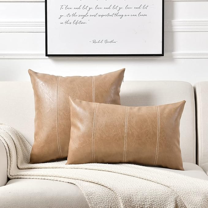 Fancy Homi Tan Long Lumbar Waterproof Faux Leather Decorative Throw Pillow Covers 16x24 Inch for Living Room Couch Bed, Beige Hand Stitched Cushion Case 40x60 cm, Taupe Modern Farmhouse Home Decor