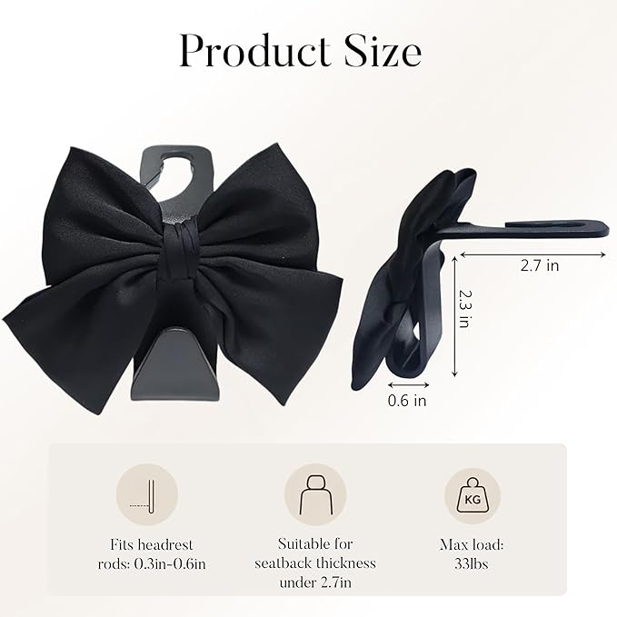 2 Pack Car Purse Hooks, Cute Bow Car Seat Headrest Hook Hanger for Purses and Bags, Space-Saving Car Accessory (Black silk)