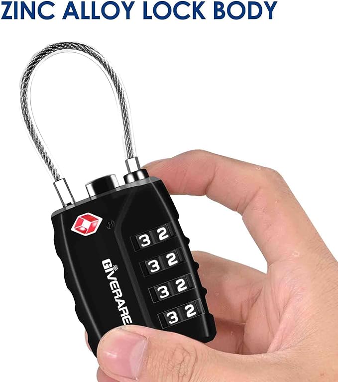 2 Pack TSA Approved Travel Luggage Locks, 4-Digit Metal Cable Combination Suitcase Lock, Alloy Padlocks, Weatherproof Padlock for Locker, Golf Bag, Gun Case, Backpack, Anti Theft-Black