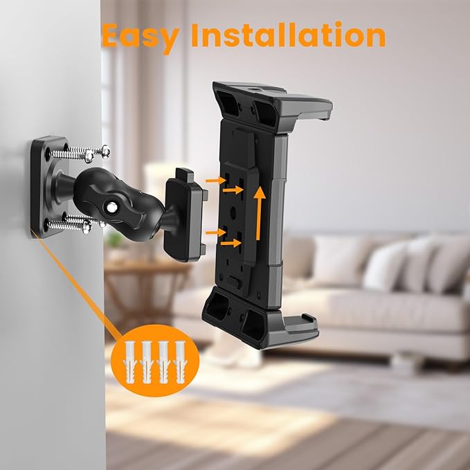 OHLPRO for iPad Wall Mount Tablet Holder, Adjustable Drilled Base with 2" Support Arm Stand for 5-13" iPad mini Pro Air, Fire HD, Galaxy Tab, Switch and Phone - 360° Viewing, Adjustable Tilt