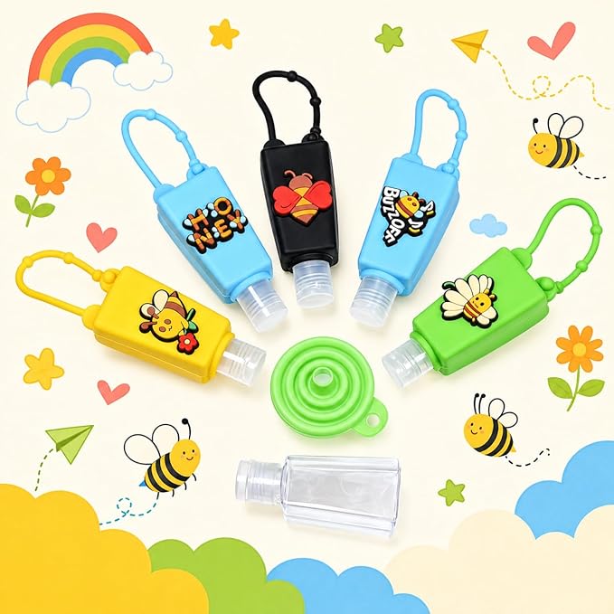 5-Pack Cartoon Kids Hand Sanitizer Holder, 30ml Travel Size Refillable Bottles with Silicone Case, Leak-Proof Portable Containers for Lotion & Liquid Soap (Buzzy Bee)
