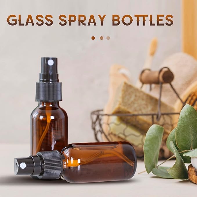 24 Pack Amber Glass Spray Bottles, 2oz/60ml Empty Glass Spray Bottles with Fine Mist, Small Leak Proof Travel Dispenser Bottles for Essential Oils, Bath, Beauty, Hair & Cleaning