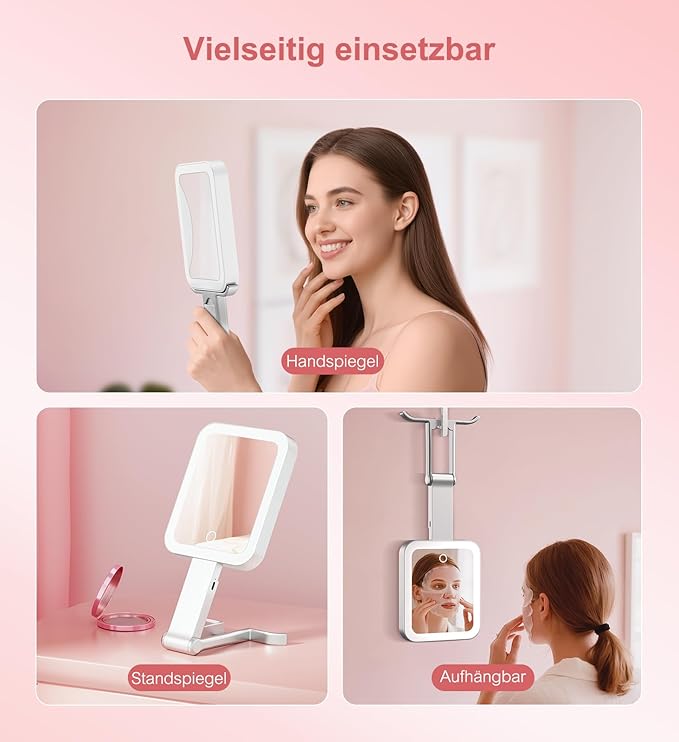 Travel Makeup Mirror with Lights 10X/1X Double-Sided Magnifying LED Beauty Mirror Rechargeable Portable Vanity Mirror with 3 Color Lighting Smart Touch Dimming Desktop Handheld Hanging (Silver)