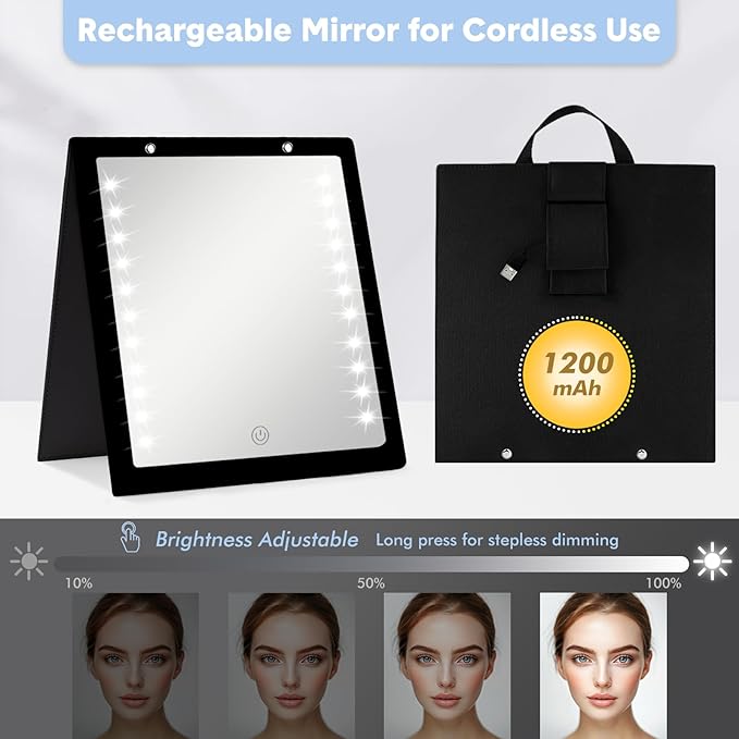 Fabuday Lighted Hanging Mirror for Dance Backstage - Rechargeable Folding LED Full Length Mirror with Lights for Dancers, Portable Foldable Travel Body Mirrors, Brightness Adjustable, Black