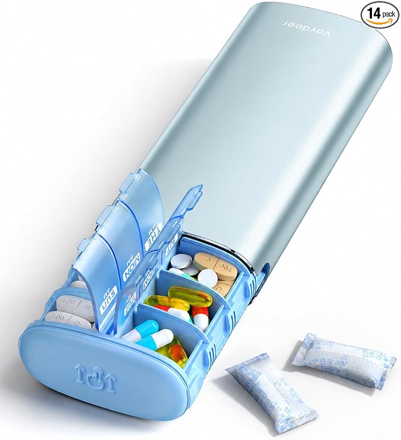 Vaydeer Metal 7 Day Pill Organizer 2 Times a Day – AM PM Weekly Travel Pill Case with Moisture-Proof Desiccant, Airtight Large Capacity Pill Box for Vitamins, Medications & Supplements (Blue)