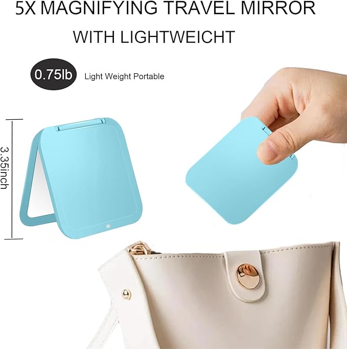 CYHTSHFZ Small Compact Mirror for Purse,5X/1X Travel Magnifying Mirror for Women, Makeup Mirror for Girls, Portable Ultra Slim Pocket Mirror(Light Blue)