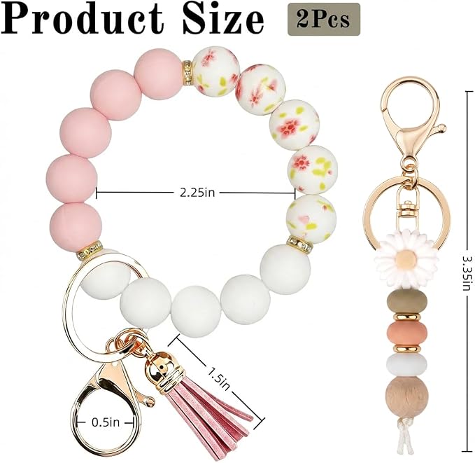 2PCS Bracelet Key Ring Set, Cute Car Key chain Wristlet, Silicone Beaded Bangle keyChains for Women Girls