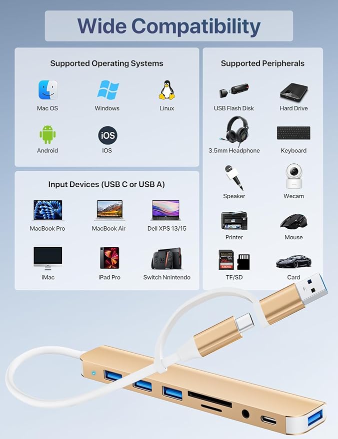 USB C/USB Hub Multiport Adapter,USB 3.0 Hub Aluminum 8 in 1 USB Splitter with SD/TF Card Reader,1 x USB 3.0, 3 x USB 2.0, 1 x USB C,and 3.5mm Audio Output for MacBook Pro Air,iPad Pro,Laptop-Gold