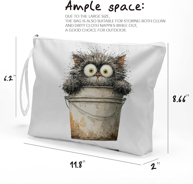 Fokongna Cute Print Wet Bag, Small Portable Waterproof Multi-Functional Organizer for Women, Beige Bucket Grey Cat, Ideal for Daily, Beach & Travel