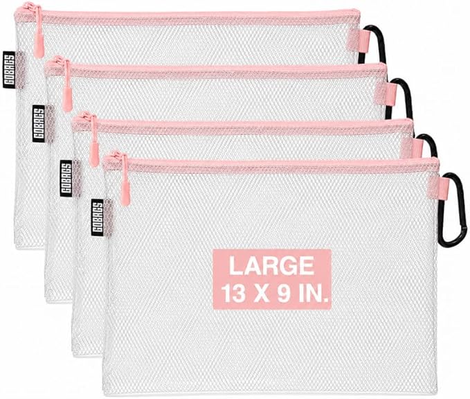 GOBAGS Air Production Large Clear Zipper Pouch (4-Pack) – Cable Organizer & Travel Gear Bag for Electronics, Camera Accessories, Tool Pouch & Small Tech Storage (Pink)