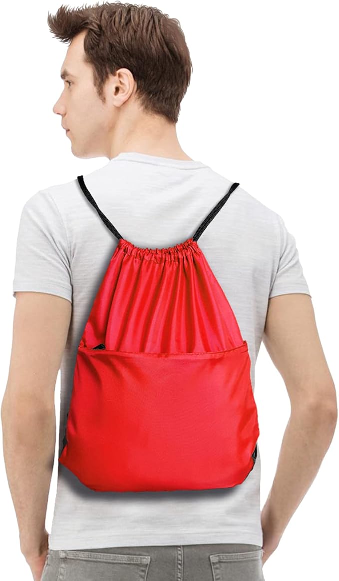 Drawstring Backpack Sports Water Resistant String Bag Sport Gym Sackpack for Women Men Large with Zipper, Red