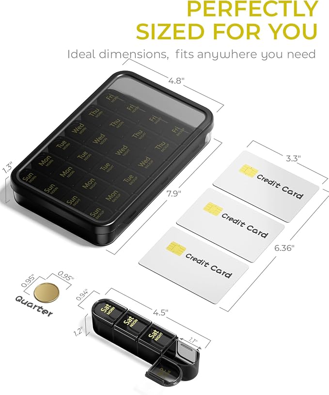 Odaro Weekly Pill Organizer 4 Times a Day, BPA Free Daily Pill Box 7 Day, Large Travel Pill Case with 28 Compartment to Hold Medicine, Vitamin and Supplement - Full Black