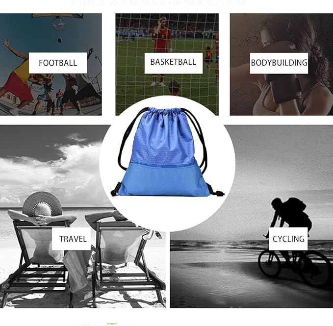 Drawstring Backpack Bag, Waterproof Draw String Back Sack with Zip Pocket, Gym Drawstring Bags Swim Bag for Men Women