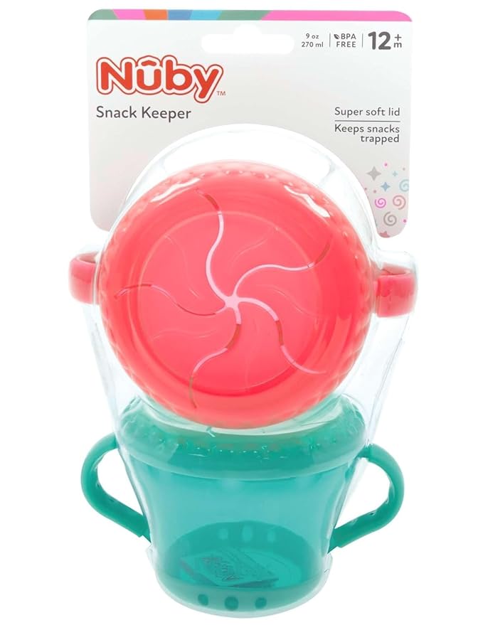 Nuby Toddler Snack Cups with Soft Flaps Lids - (2 Pack) 9 oz - Spill-Resistant Snack Containers for Kids - Portable Food Holders for Travel or Home - Coral and Aqua