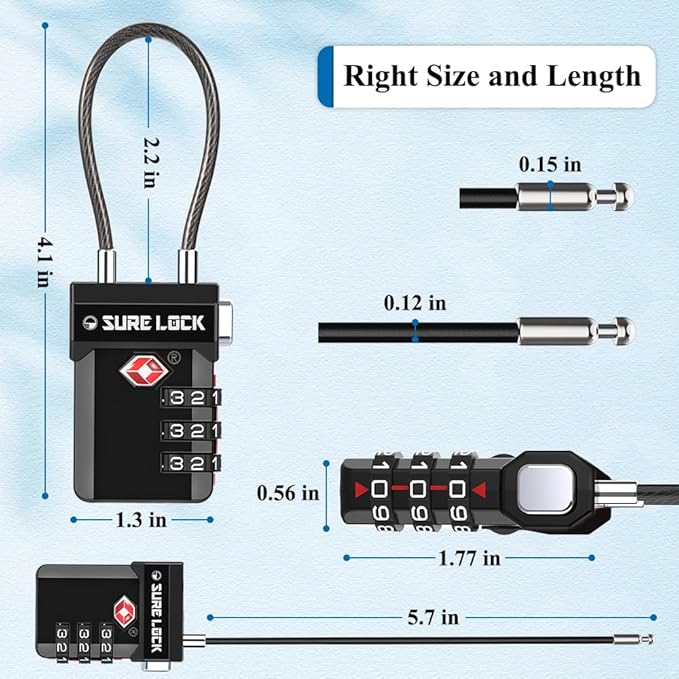 SURE LOCK TSA Approved Luggage Locks with Open Alert Indicator, 3 Digit Combination Cable Travel Lock for Suitcase, Backpack, Gym Locker, Toolbox, Carry On & Travel Bag