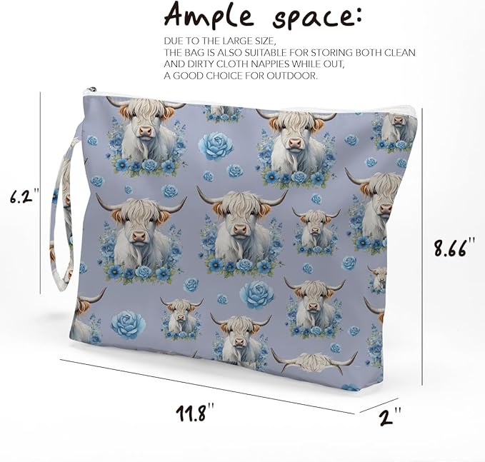 Fokongna Cute Print Wet Bag, Small Portable Waterproof Multi-Functional Organizer for Women, Blue Floral Highland Cow, Ideal for Daily, Beach & Travel