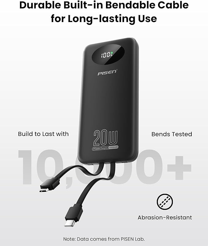 PISEN 3C Certified Power Bank - 10000mAh 20W Fast Charging Battery Pack with Built-in 4 Cable Smart LED Display Flight-Approved Portable Charger Travel Power Bank for iPhone, Samsung, iPad, Tablets