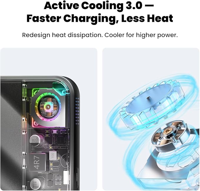 sharge ICEMAG 3 MagSafe Portable Charger, Qi2.2 25W Magnetic Power Bank 10000mAh 35W USB-C Fast Charging, with Active Cooling& Built-in Cable, Transparent RGB Design for iPhone 17/16/15/14 Series