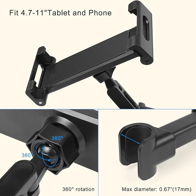 Tablet Holder for Car, 3 in 1 Extension Arm Adjustable Car Headrest Tablet Holder Road Trip Essentials Back Seat Tablets Cars Mount Compatible with iPad Pro, Air, Mini, 4.7-11" Devices