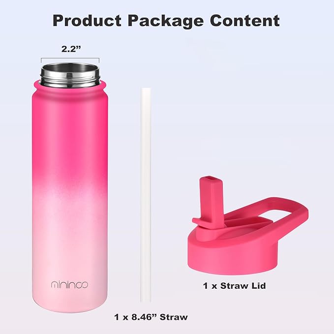 mininoo Insulated Stainless Steel Water Bottle with Straw and Lid for Sports, 24 oz, Sweet Peach