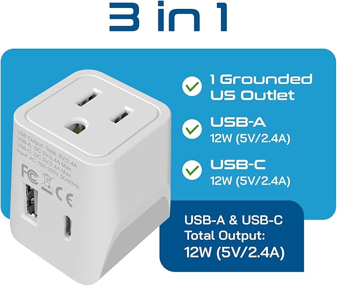 Ceptics Japan, Philippines Travel Adapter Plug with USB-A + USB-C - Usa Input - Type A - Ultra Compact (CTU-6) - Perfect for Cell Phones, Laptops, Camera Chargers