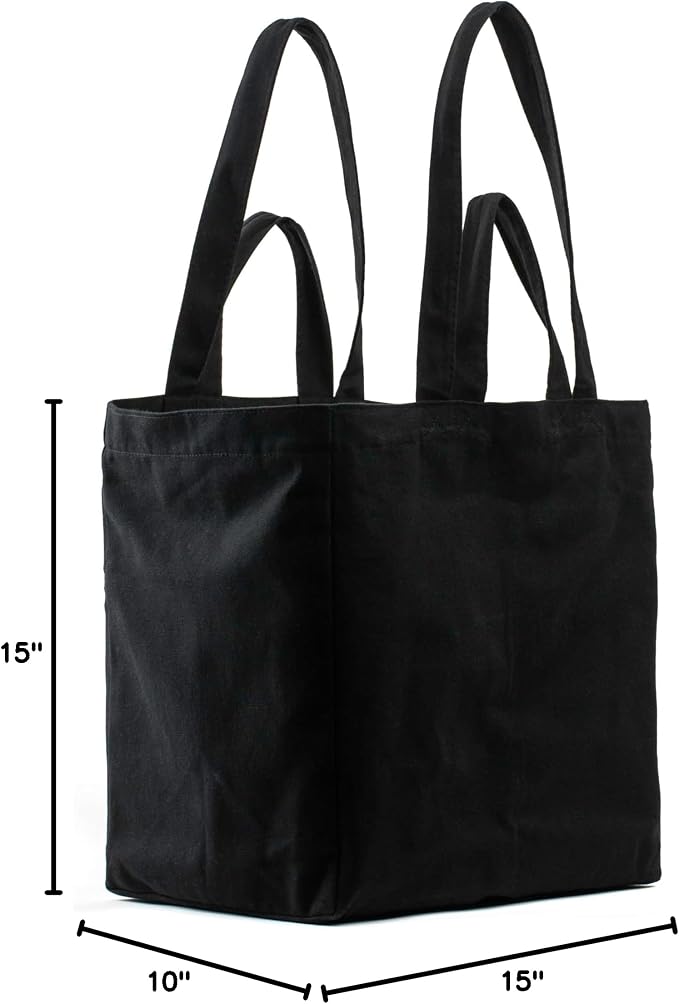 VeraMia Canvas Grocery Bag 3pc XL Set with Real Pockets, Long Shoulder Strap and Short Handle. Heavy Duty, Foldable, Washable