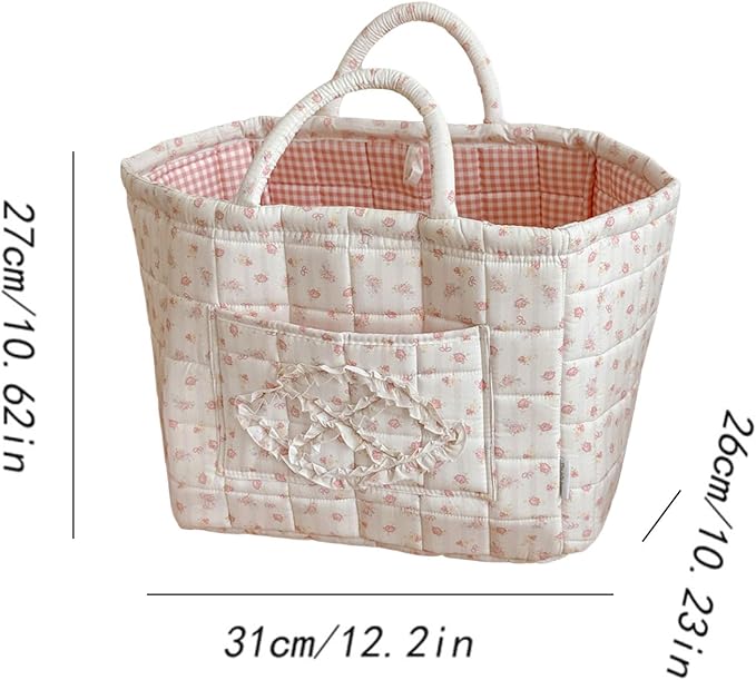 Floral Fabric Storage Basket Car Interior Storage Basket Underwear Sundries Laundry Baskets Supplies Home Organizer Bag (pink+white bow)