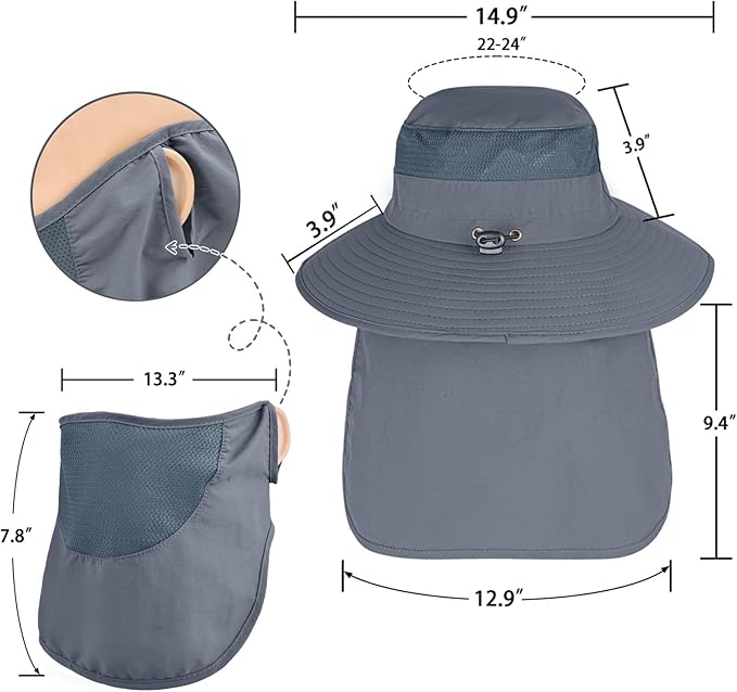 Sun Hats for Men Women Fishing Hat UPF 50+ Breathable Wide Brim Bucket Hats Summer UV Protection Safari Hat with Neck Flap