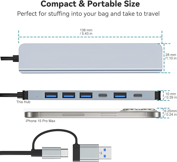 USB C/USB Hub Aluminum 7 in 1 Type-C USB Extender Multiport Adapter with USB3.0 & USB2.0 Ports for PC/Laptops/MacBook Pro/Air/iMac/iPad and More Devices