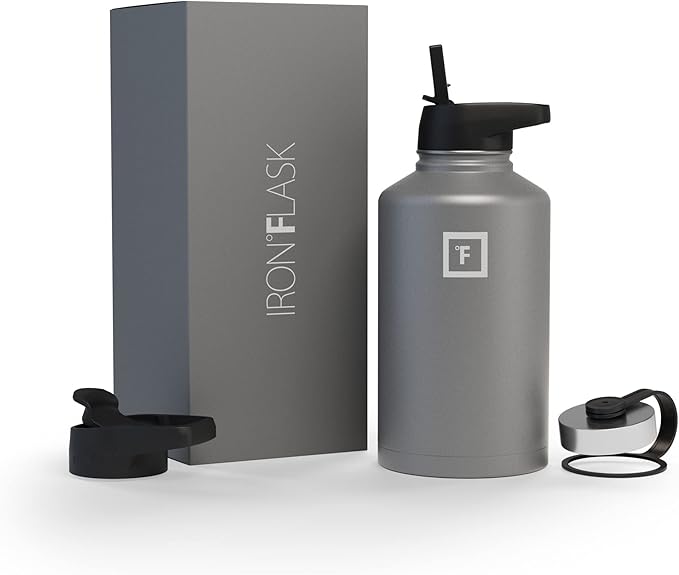 IRON °FLASK Camping & Hiking Hydration Flask with Straw, Wide Mouth Insulated Stainless Steel Sports Water Bottle - Graphite 64 oz - Straw (3 Lids)