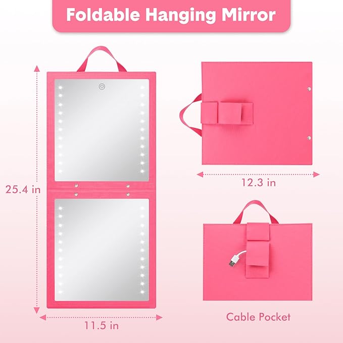 Fabuday Lighted Hanging Mirror for Dance Backstage - Rechargeable Folding LED Full Length Mirror with Lights for Dancers, Portable Foldable Travel Body Mirrors, Brightness Adjustable, Berry