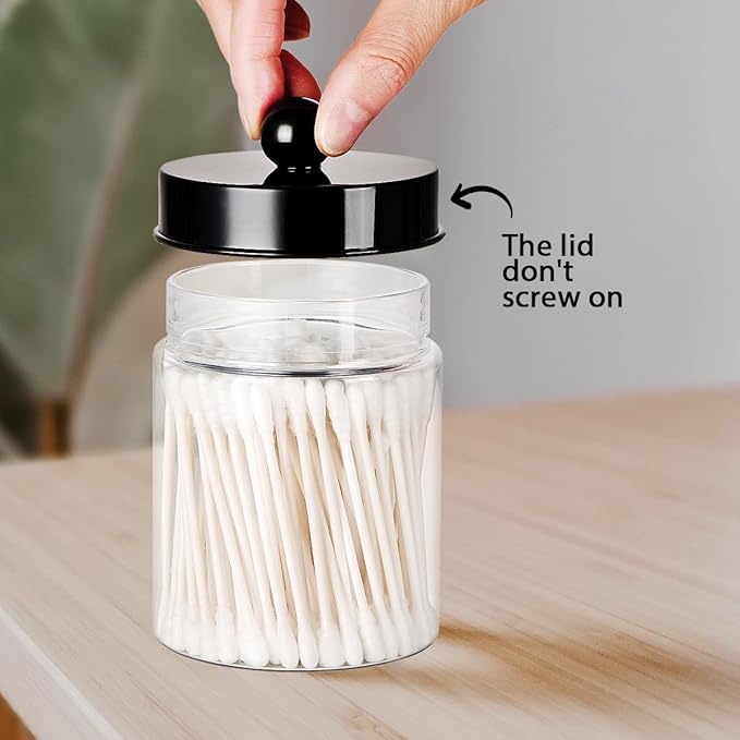 Amolliar Apothecary Jars Bathroom Vanity Storage Organizer Set -Countertop Canister Plastic Acrylic Jar - Farmhouse Decor Qtip Holder for Cotton Swabs,Makeup Sponges,Flossers ,Paper Clips-Black (4)