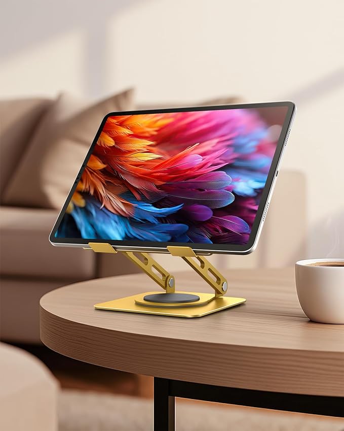 LOXP Metal Tablet Stand, 360 Rotating iPad Stand with Heavy-Duty Base, Tablet Holder Compatible with 4.0-16.9" Device, iPad Pro Air Mini, Kindle, Surface Tablet, Portable Monitors - Gold