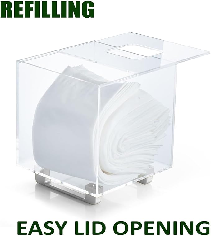 YoBa Thick Acrylic Tissue Box Holder Rectangular Tissue Box Dispenser with Gold Plated Aluminum Legs for Bathroom, Kitchen, Bedroom, Office and Restaurant (Square, Clear (Silver Legs))
