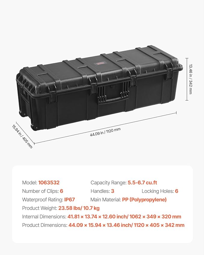 VEVOR Weatherproof Hard Case, Heavy Duty Protective Dry Box Case with Pre-Cut Foam Retractable Pull Handles for Travel, Hunt, Military, Tactical, IP67 Waterproof, for Cameras(44.09 * 15.94 * 13.46)