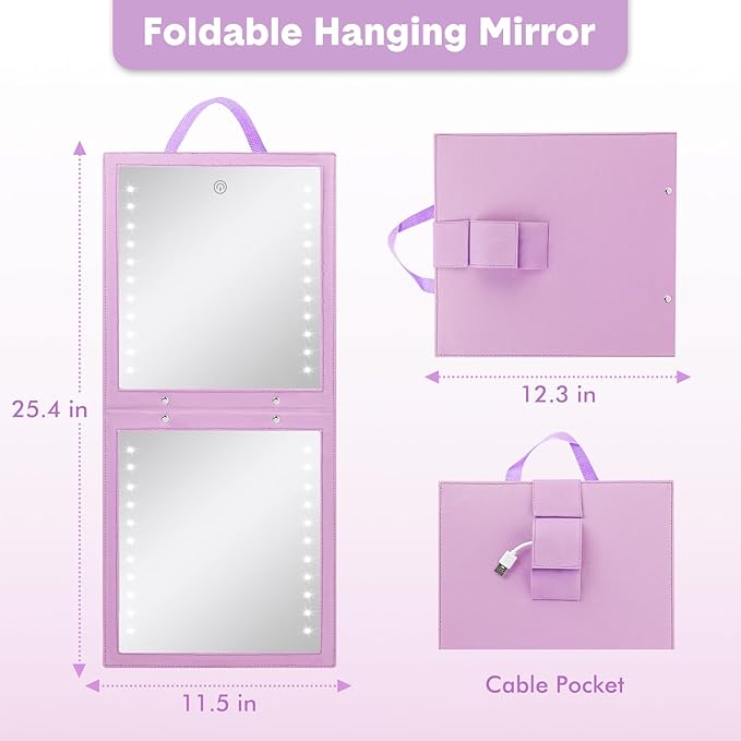 Fabuday Lighted Hanging Mirror for Dance Backstage - Rechargeable Folding LED Full Length Mirror with Lights for Dancers, Portable Foldable Travel Body Mirrors, Brightness Adjustable, Purple