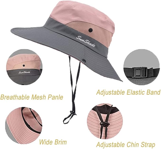 Women's Summer Sun-Hat Ponytail - Outdoor UV-Protection Mesh Wide Brim Foldable Hat with Ponytail Hole
