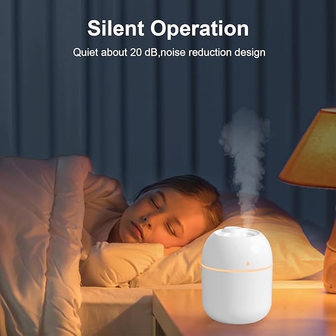 Portable Mini Humidifier Small Cool Mist Humidifier Personal Desktop USB Powered Super Quiet for Travel Car,Office,Baby Bedroom, Night Light, 2 Mist Modes, Auto Shut-off
