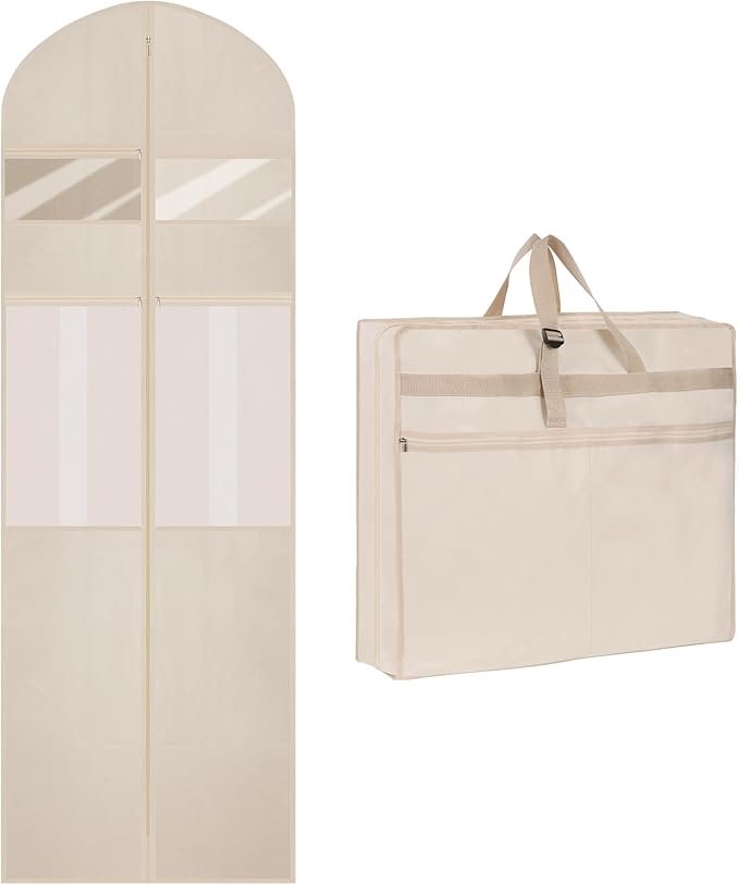 Wedding Dress Garment Bag,72’ Tri-Fold Bridal Gown Bag with 6 Pouches and Adjustable Buckle Gown Cover for Wedding/Prom/Travel/Closet Storage (Beige)
