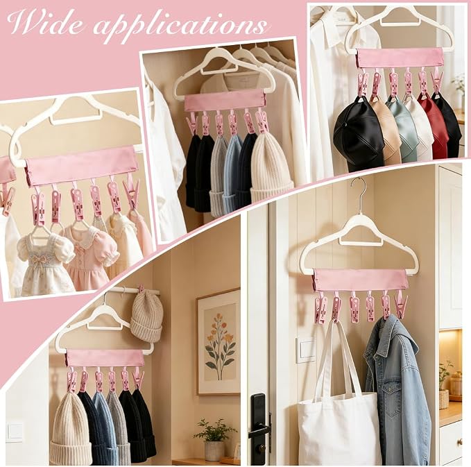 WADORN 4 Pack Travel Hanger Clips, Baseball Cap Hangers with 6 Clips Foldable Clothes Hanger Clip Compact Folding Sock Clip for Swimsuit Towel Underwear Dorms Camping Fits All Size Hangers, Pink