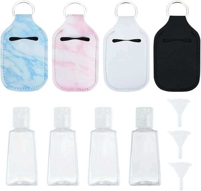 8Pcs Hand Sanitizer Keychain Holders, Set Includes 4 Pcs Holder Keychains and 4 Pcs Reusable Flip Cap Travel Bottles